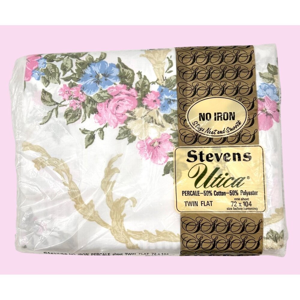 NIP VINTAGE STEVENS UTICA CANTERBURY TWIN FLAT SHEET FLORAL PRINT NO IRON